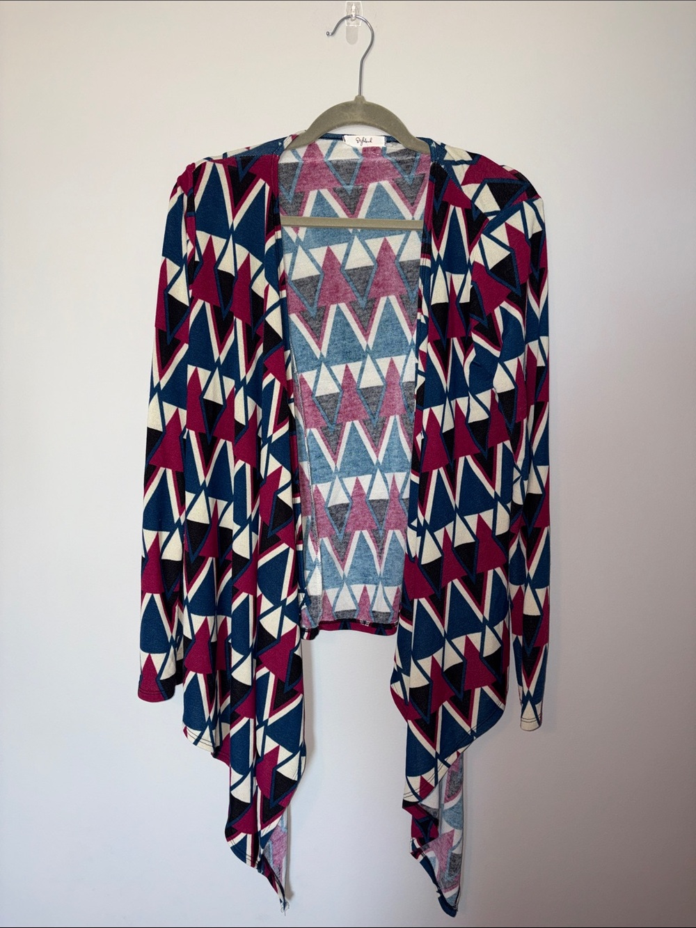 Geometric Open-Front Waterfall Cardigan - Pink Navy Cream L
